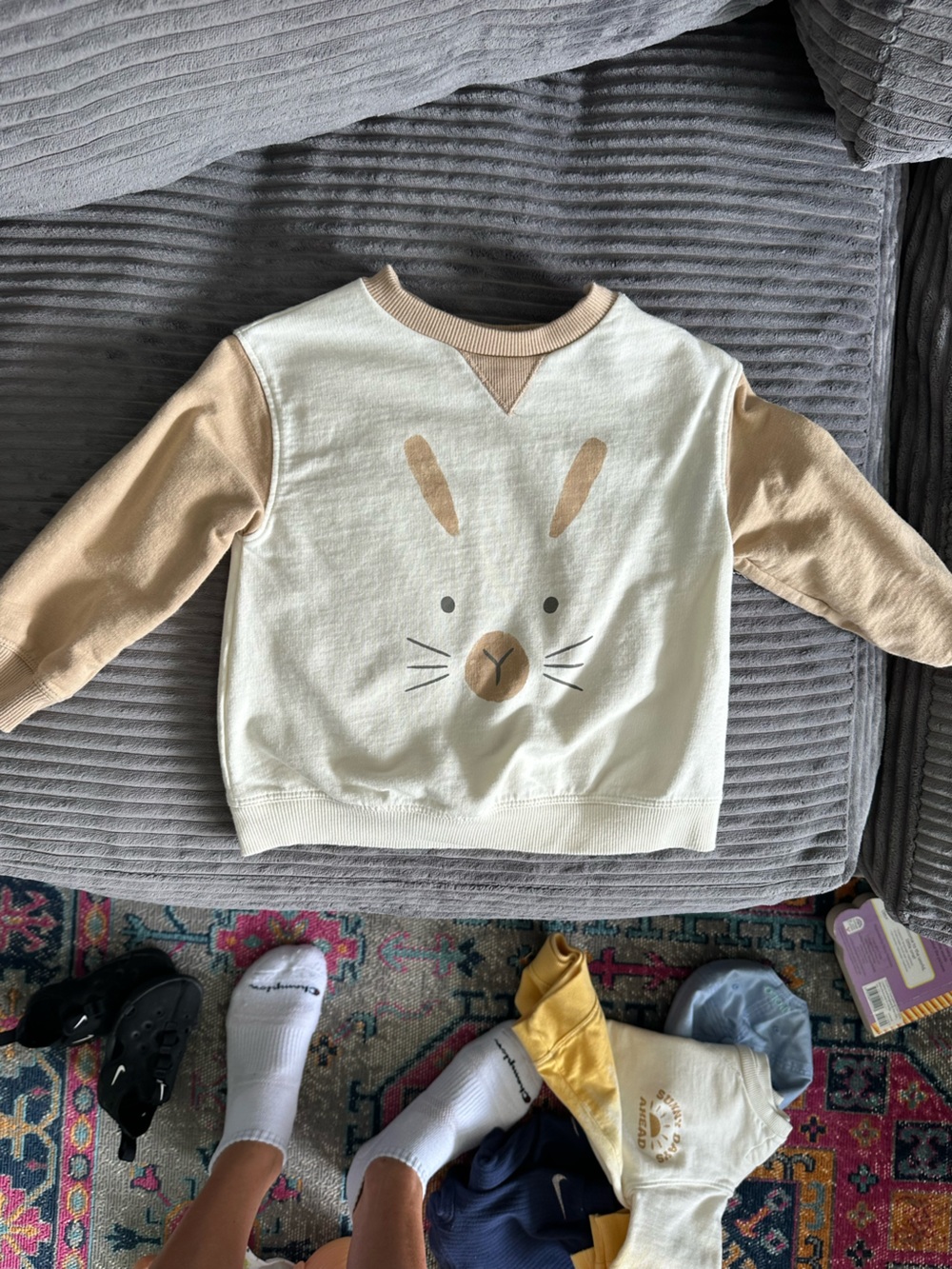Children's Cream Bunny Face Sweatshirt with Tan Sleeves